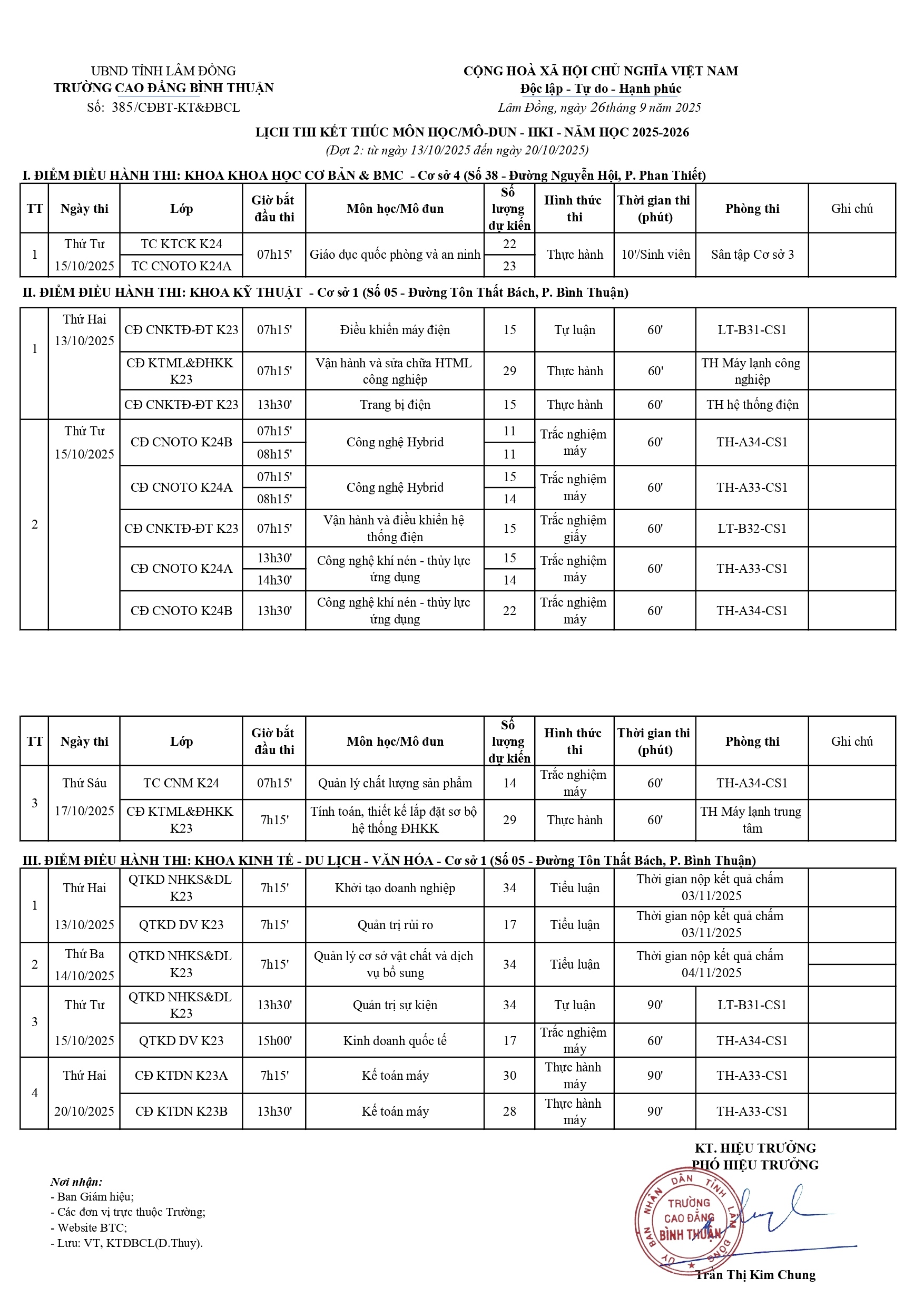 Lịch thi kết thúc môn học HKI, đợt 2, năm học 2025-2026 các khoa Kỹ thuật, KHCB &amp; BMC, KT-DL-VH (từ ngày 13/10/2025 đến ngày 20/10/2025)